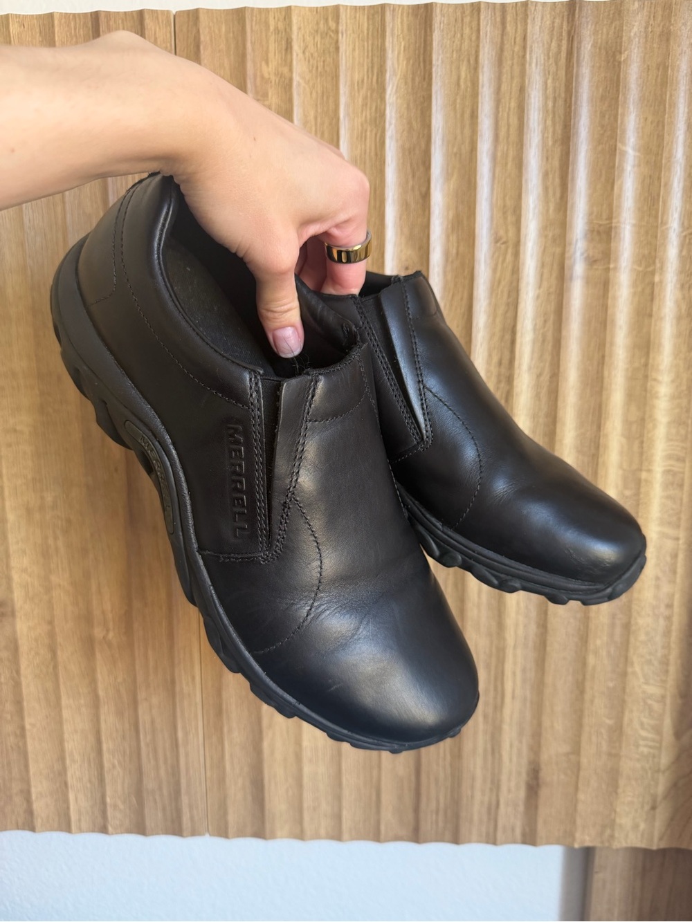 MERRELL Jungle Moc Slip Ons Black Leather Lug Shoes